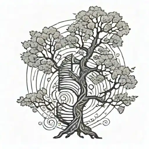 tree with a spiral staircase and astral design tattoo design idea