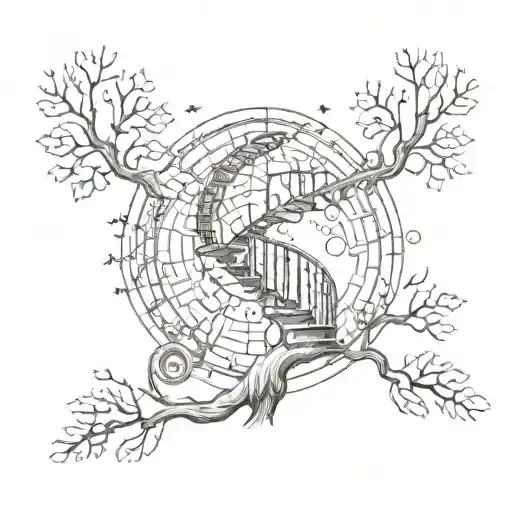 tree with a spiral staircase and astral design tattoo design idea