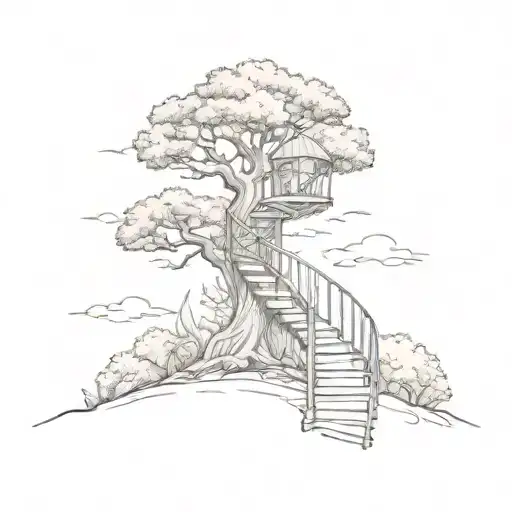 tree with a spiral staircase and light on top tattoo design idea