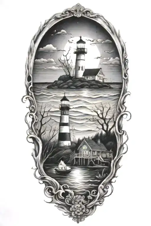 new England ocean creepy night tattoo design idea