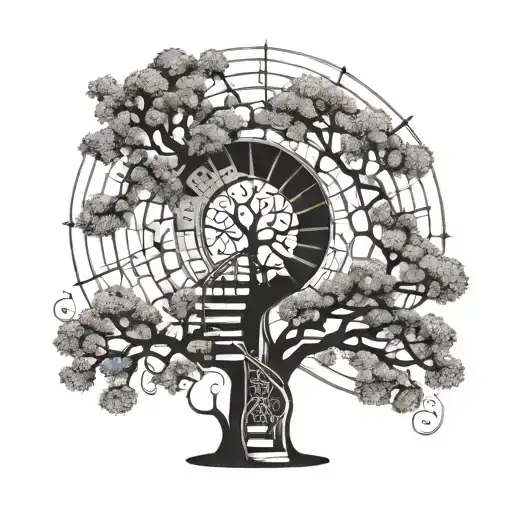 tree with a spiral staircase and light on top tattoo design idea