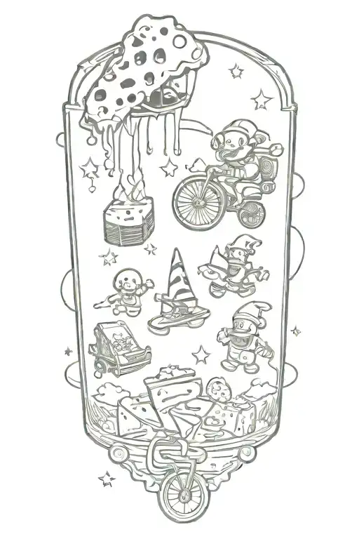 cheese slice in space with canned spinach on fire and clowns driving bicycles  tattoo design idea