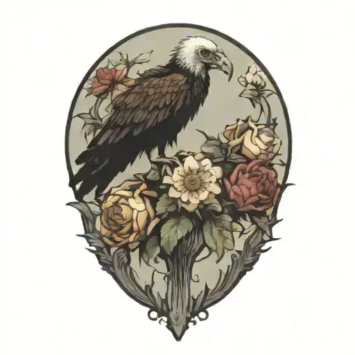 flower bouquet being eaten by vulture  tattoo design idea