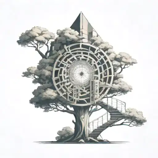 tree with a spiral staircase and light on top tattoo design idea