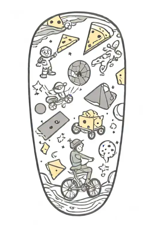 cheese slice in space with canned spinach on fire and clowns driving bicycles  tattoo design idea