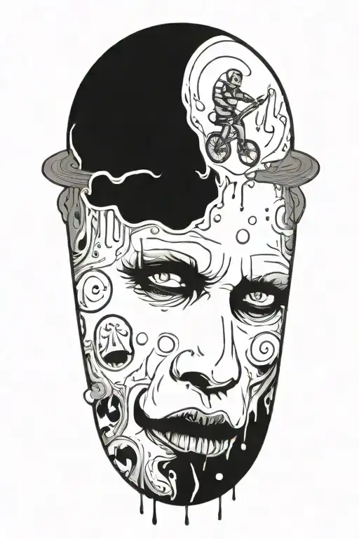 cheese slice in space with canned spinach on fire and clowns driving bicycles  tattoo design idea