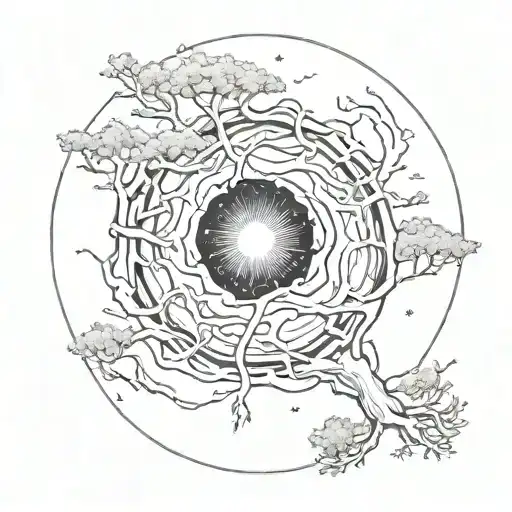 black hole with a tree being sucked it and warped tattoo design idea