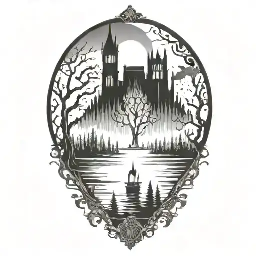 lake surrounded by forest fire  tattoo design idea
