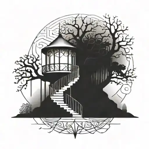 tree with a spiral staircase and light on top tattoo design idea