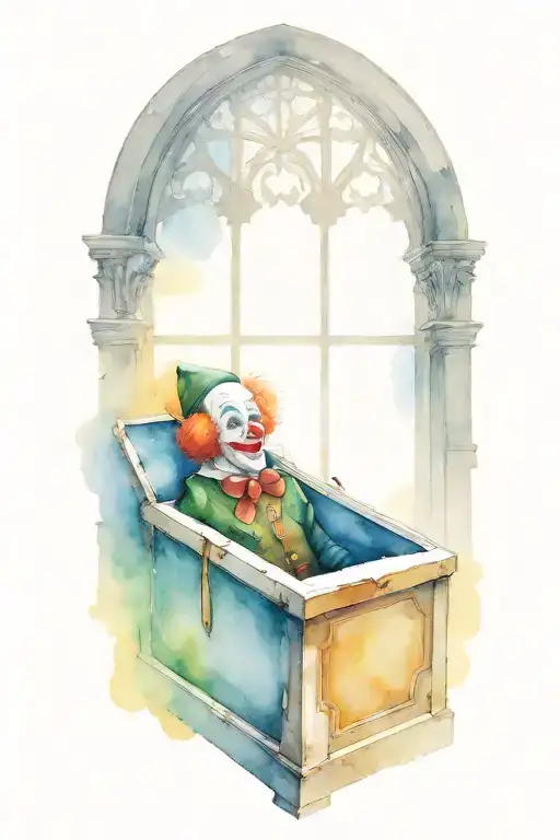 clown peaking out of a casket in a church with snow through windows  tattoo design idea