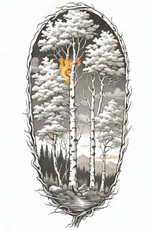 white birch and maple trees on fire tattoo design idea