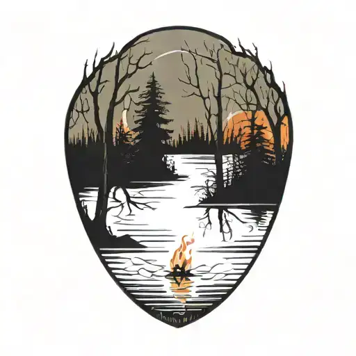 lake with trees on fire tattoo design idea