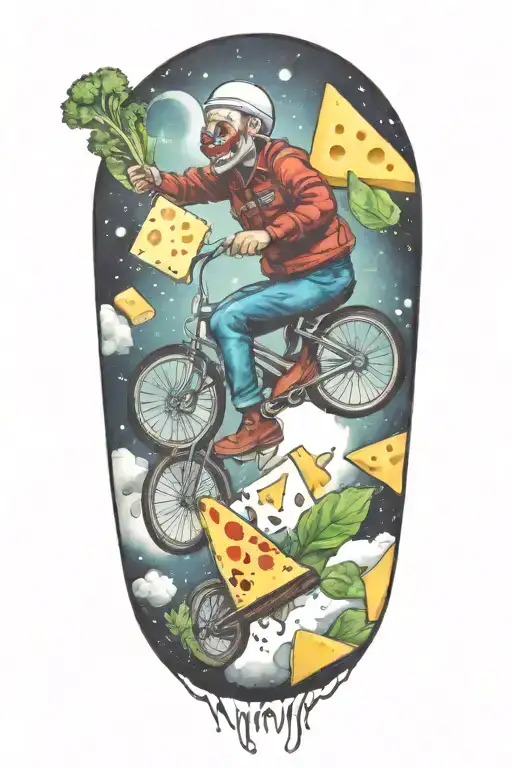 cheese slice in space with canned spinach on fire and clowns driving bicycles  tattoo design idea