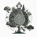 tree with a spiral staircase and light on top tattoo design idea