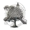 tree with a spiral staircase and light on top tattoo design idea