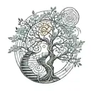 tree with a spiral staircase and astral design tattoo design idea