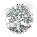 tree with a spiral staircase and astral design tattoo design idea