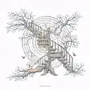 tree with a spiral staircase and astral design tattoo design idea