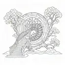 tree with a spiral staircase and astral design tattoo design idea