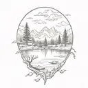 lake surrounded by forest fire  tattoo design idea