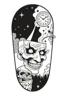 cheese slice in space with canned spinach on fire and clowns driving bicycles  tattoo design idea