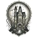 haunted house on a hill rain pouring tattoo design idea