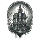 haunted house on a hill rain pouring tattoo design idea