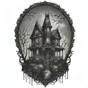 haunted house on a hill rain pouring tattoo design idea