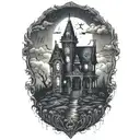 haunted house on a hill rain pouring tattoo design idea