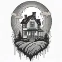 haunted house on a hill rain pouring tattoo design idea