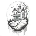 haunted house on a hill rain pouring tattoo design idea