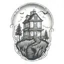 haunted house on a hill rain pouring tattoo design idea
