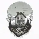 haunted house on a hill rain pouring tattoo design idea