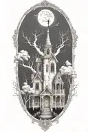 white birch tree haunted house  tattoo design idea