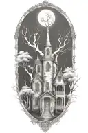 white birch tree haunted house  tattoo design idea