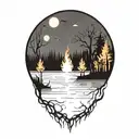 lake with trees on fire tattoo design idea