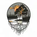 lake with trees on fire tattoo design idea