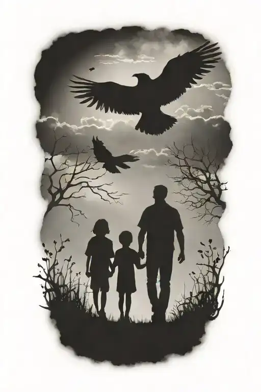 siluette, father, boy and girlwalking away, mist, clouds, small ravens, scull, heart tattoo design idea