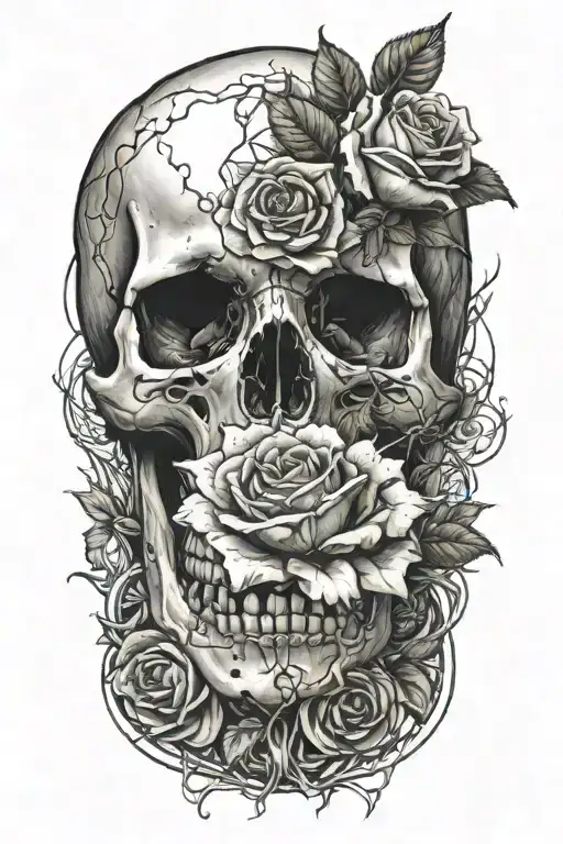 A blackwork design of a skull with a rose growing from its eye socket, symbolizing life and death intertwined tattoo design idea