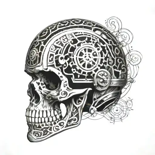 A sinister-looking skull wearing a cycling helmet surrounded by intricate black metal-inspired patterns tattoo design idea