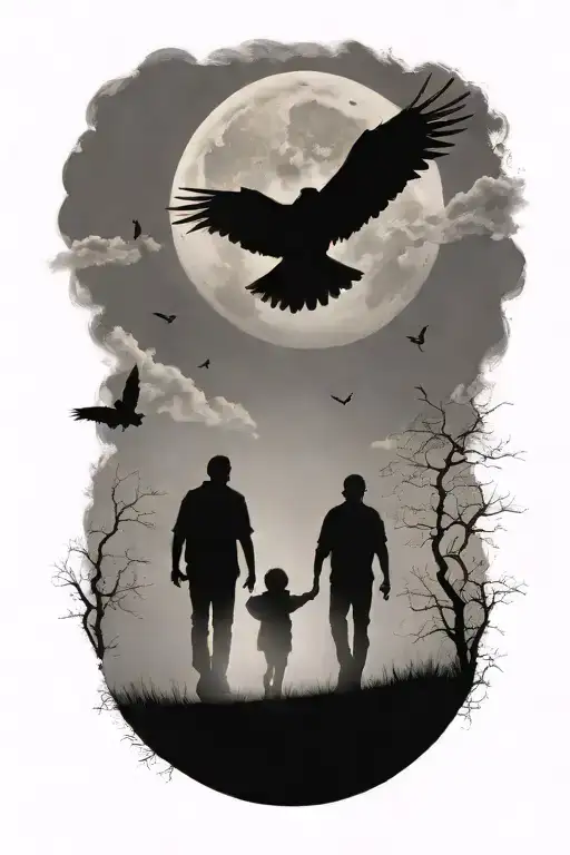 siluette, father, two kids walking away, mist, clouds, small ravens above, faded skull in the clouds tattoo design idea