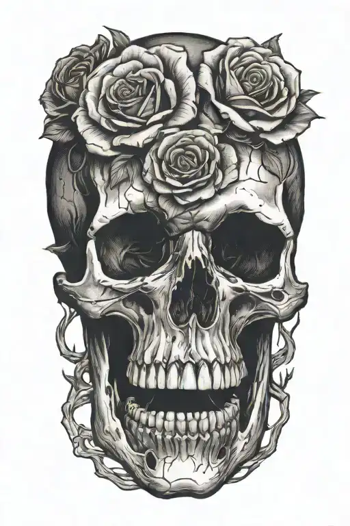 A blackwork design of a skull with a rose growing from its eye socket, symbolizing life and death intertwined tattoo design idea
