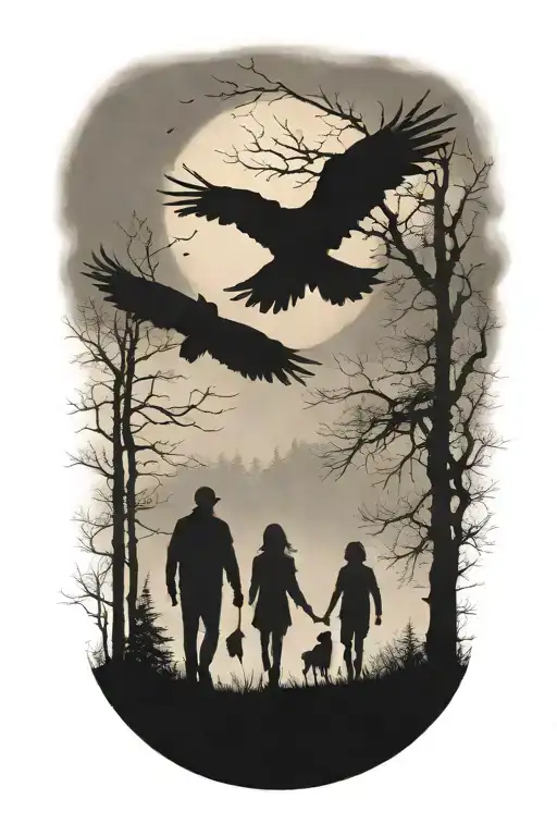 faded siluette of a father, daughter and son walking away. surounded by fog, trees, ravens siluette flying above.  tattoo design idea