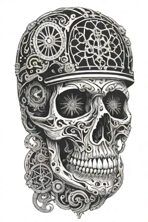 A sinister-looking skull wearing a cycling helmet surrounded by intricate black metal-inspired patterns tattoo design idea