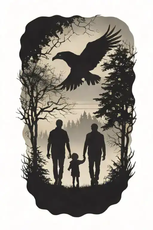 siluette, father, daughter, son walking away. surounded by fog, trees, small ravens above. faded skull tattoo design idea