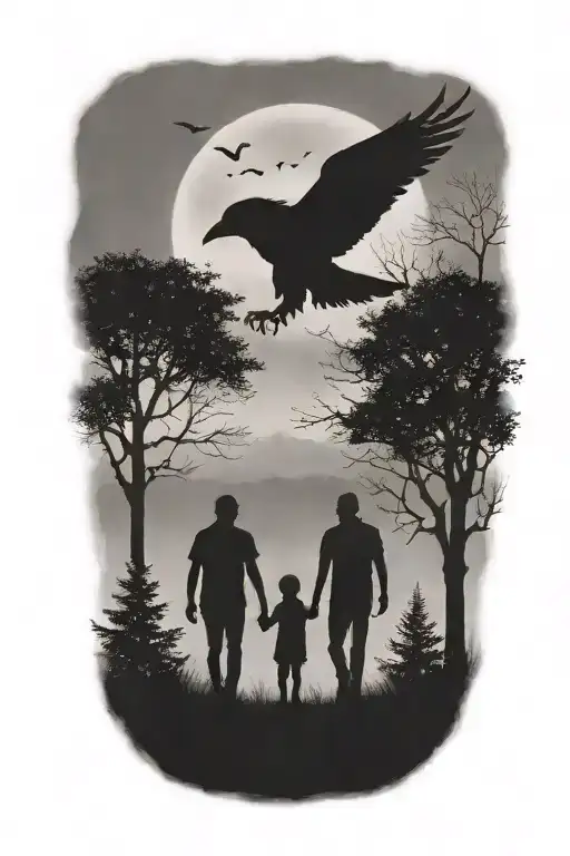 siluette, father, two kids walking away, mist, trees, small ravens above, faded skull in the clouds tattoo design idea