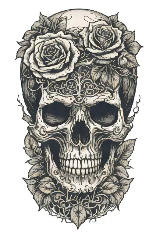 A blackwork design of a skull with a rose growing from its eye socket, symbolizing life and death intertwined tattoo design idea