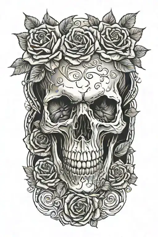 realistic skull soft shading, rose, family tattoo design idea