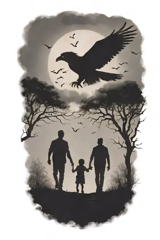 siluette, father, two small kids walking away. surounded by fog, trees, small ravens above. faded skull in the clouds tattoo design idea
