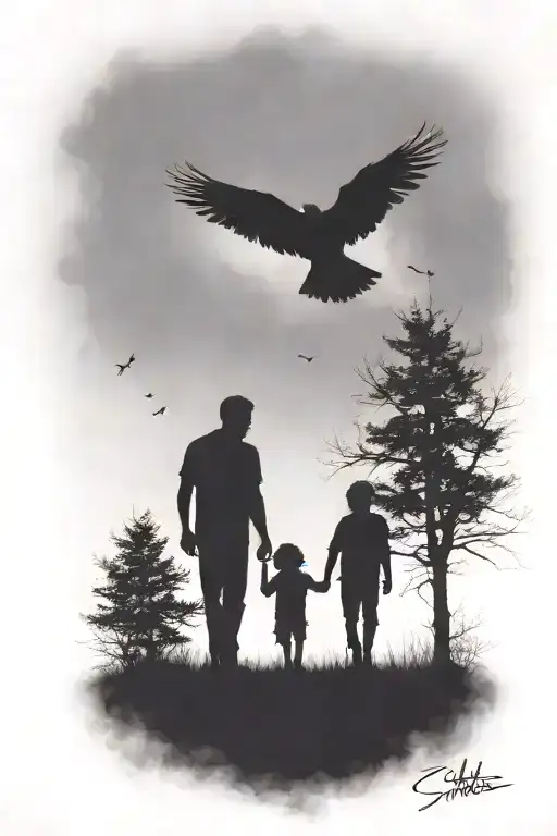 siluette, father, two small kids walking away. surounded by fog, trees, small ravens above. faded skull in the clouds tattoo design idea